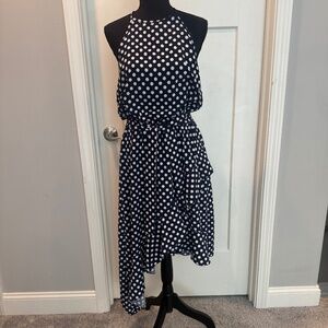 Ecowish Summer Midi Dress, Asymmetrical, Halterneck, L, EUC, Navy polka dot